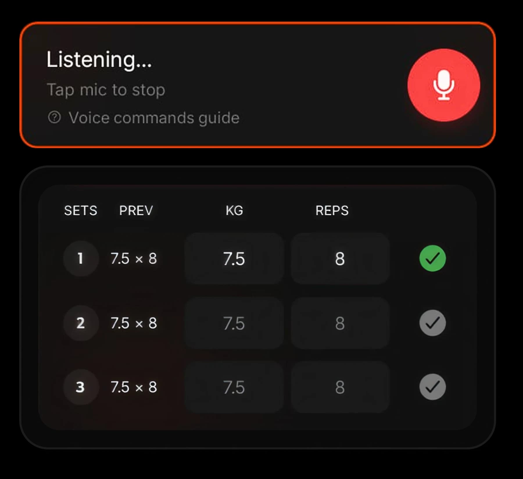 Grytt voice logging — listening, and a logged set table